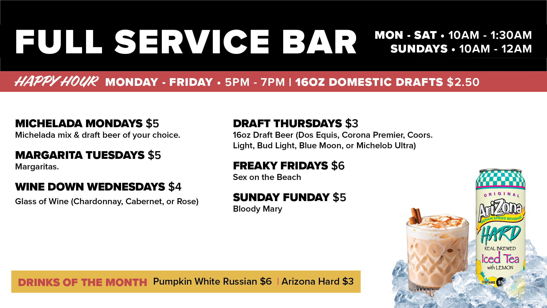 Casino Oklahoma November 2026 bar specials featuring weekday happy hour, daily drink deals, $6 Pumpkin White Russian cocktails, and $3 Arizona Hard beverages.