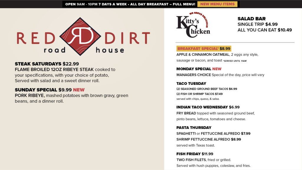 Red Dirt Roadhouse at Casino Oklahoma November 2026 dining specials, featuring $8.99 breakfast, Taco Tuesdays, $6.99 Indian tacos, pasta Thursdays, $11.99 Fish Fridays, and $22.99 Steak Saturdays.